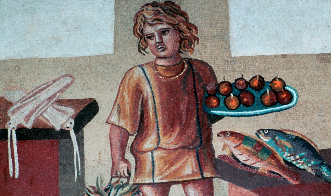 Roman mosaic from Pompeii, of a boy slave in a kitchen with fruit and fish. Now in the Hermitage Museum in St Petersburg, 1st century. 