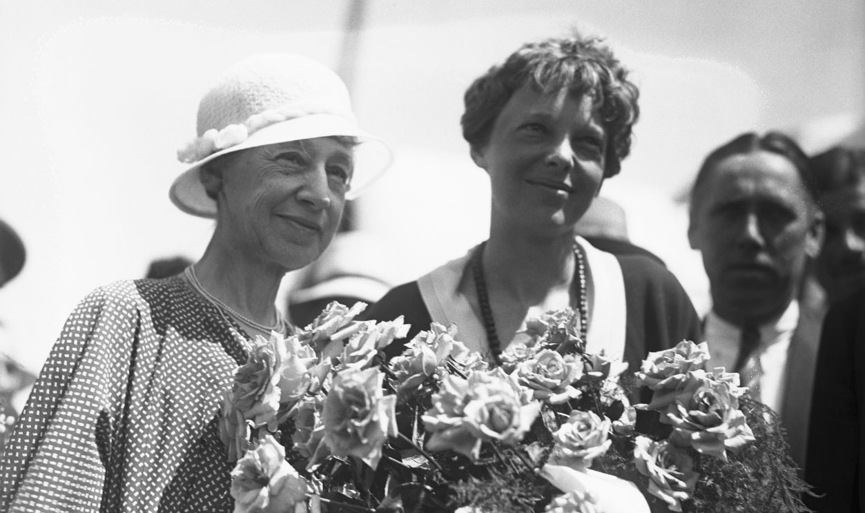 Mrs. Amy Earhart, seen here with her famous aviatrix daughter, Amelia Earhart Putnam, at the Boston Airport.
