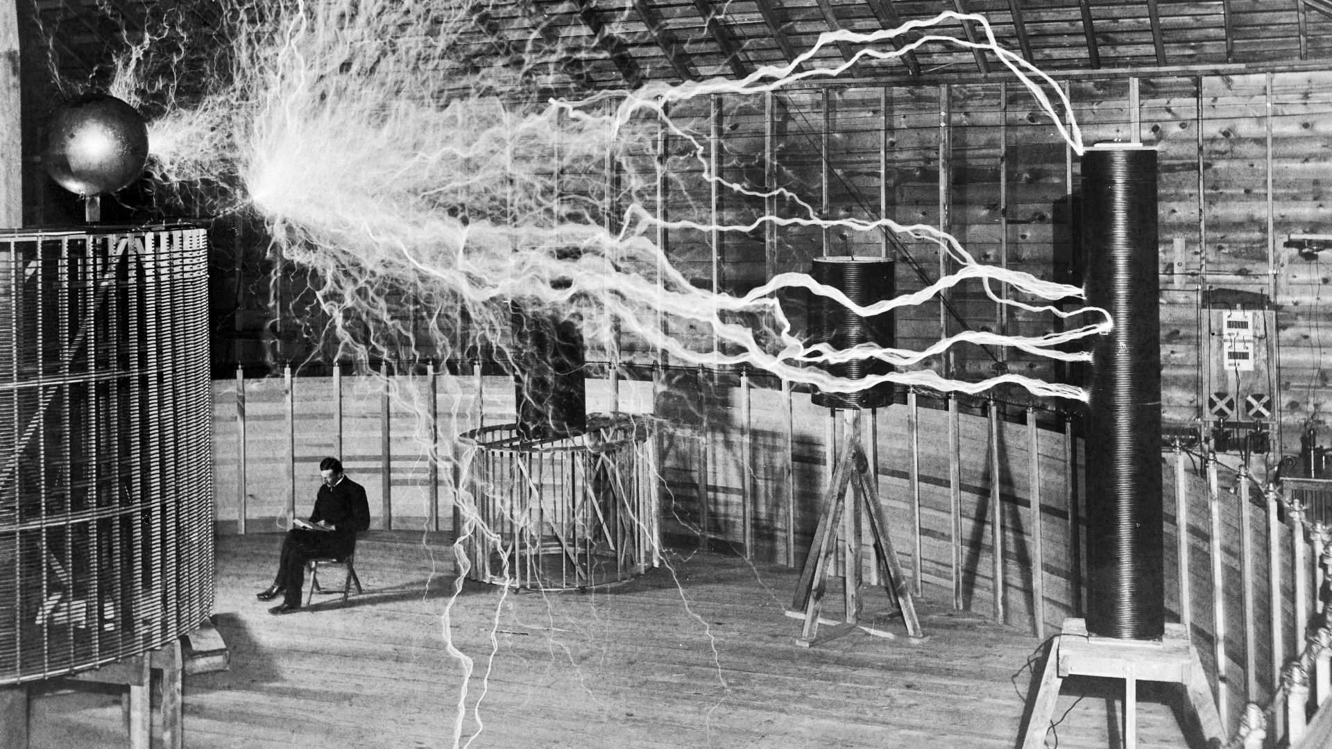 File:Nikola Tesla, with his equipment Wellcome M0014782 - restoration2.jpg