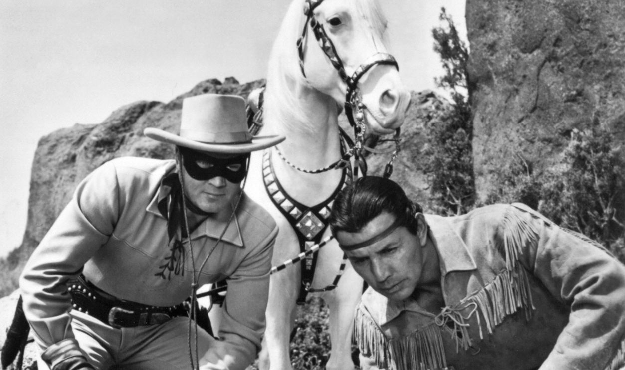 A promotional shot from the Lone Ranger television series, with the Lone Ranger played by Clayton Moore and his sidekick Tonto by Jay Silverheels, and the Lone Ranger's horse, Silver, Hollywood, California, circa 1953.