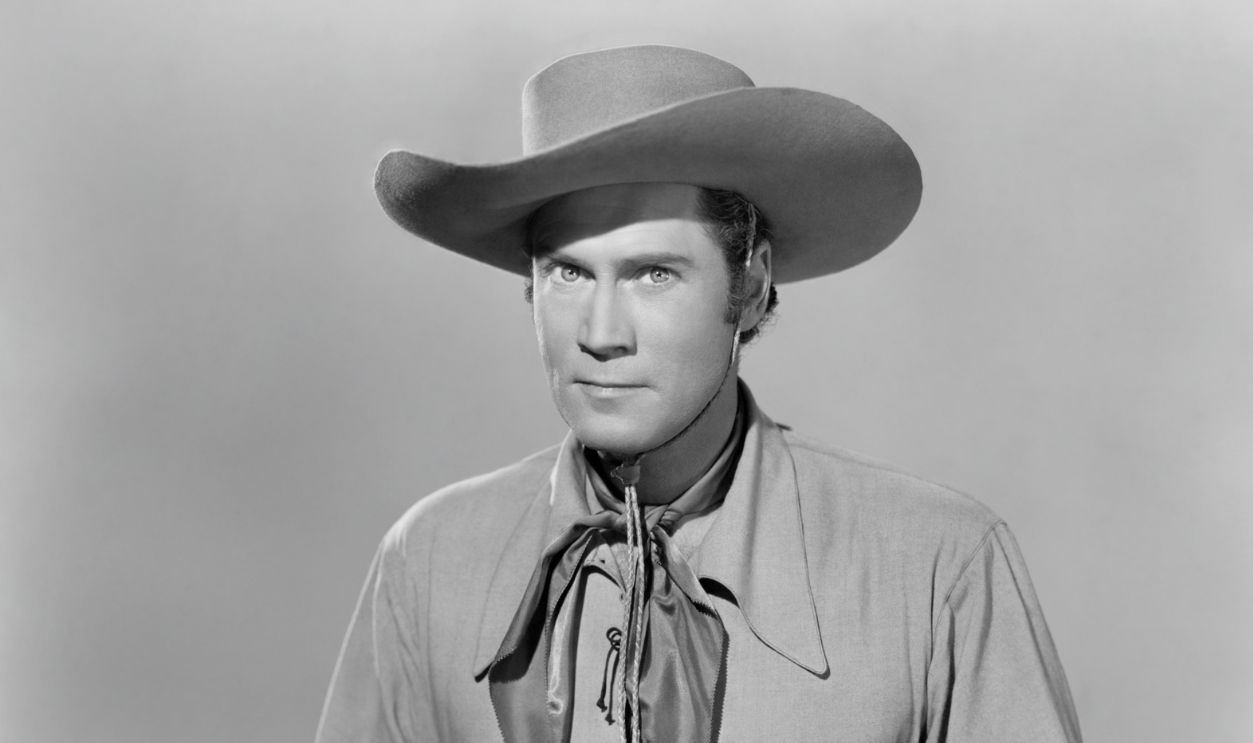 Publicity portrait of actor Clayton Moore (1914-1999) (as 'Jesse James') in the western film series 'Adventures of Frank and Jesse James', 1948, United States. 