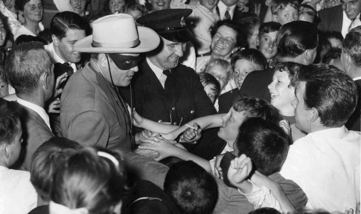 Actor Clayton Moore (who plays The Lone Ranger) during his visit to Cardiff. 8th August 1958.