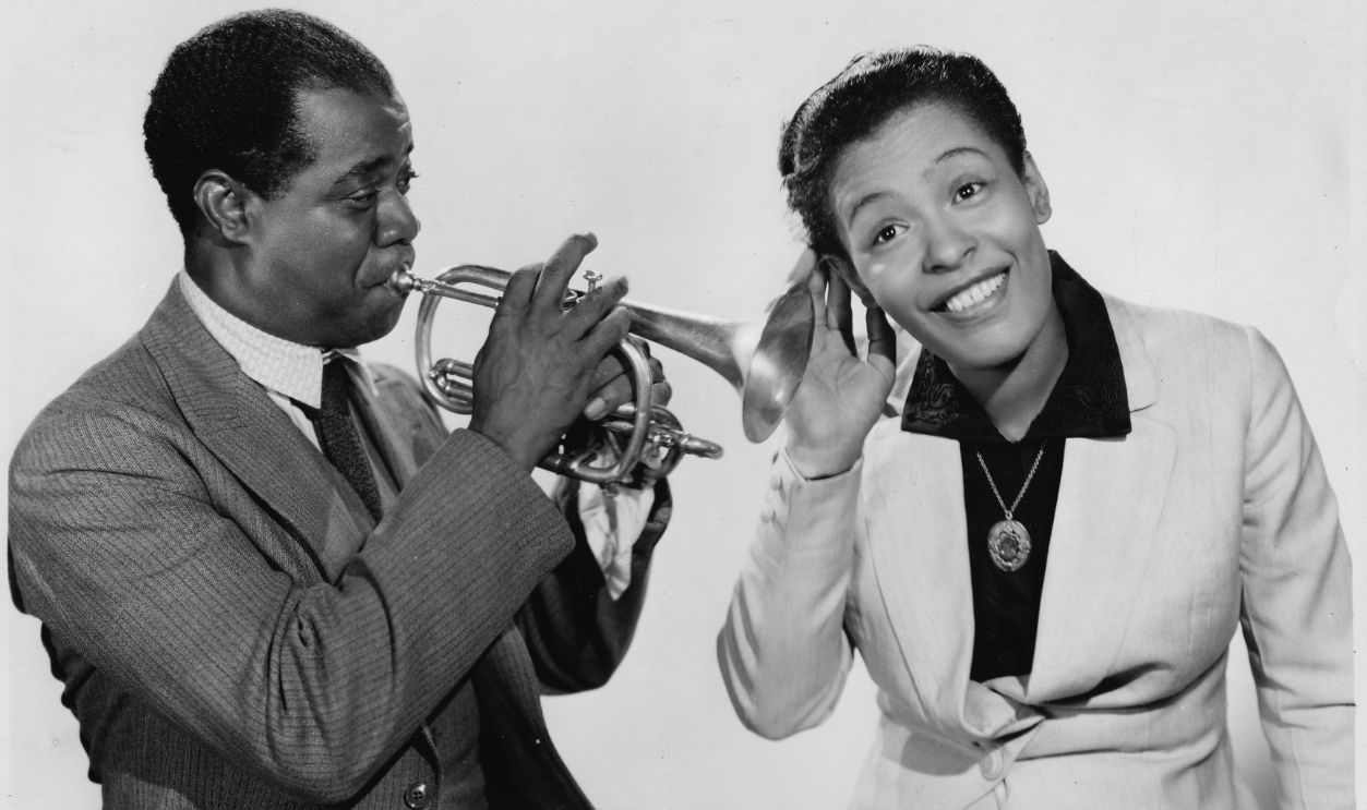 Louis Armstrong and Billie Holiday, studio portrait, United States, 1947, studio portrait, United States, from the motion picture New Orleans. 