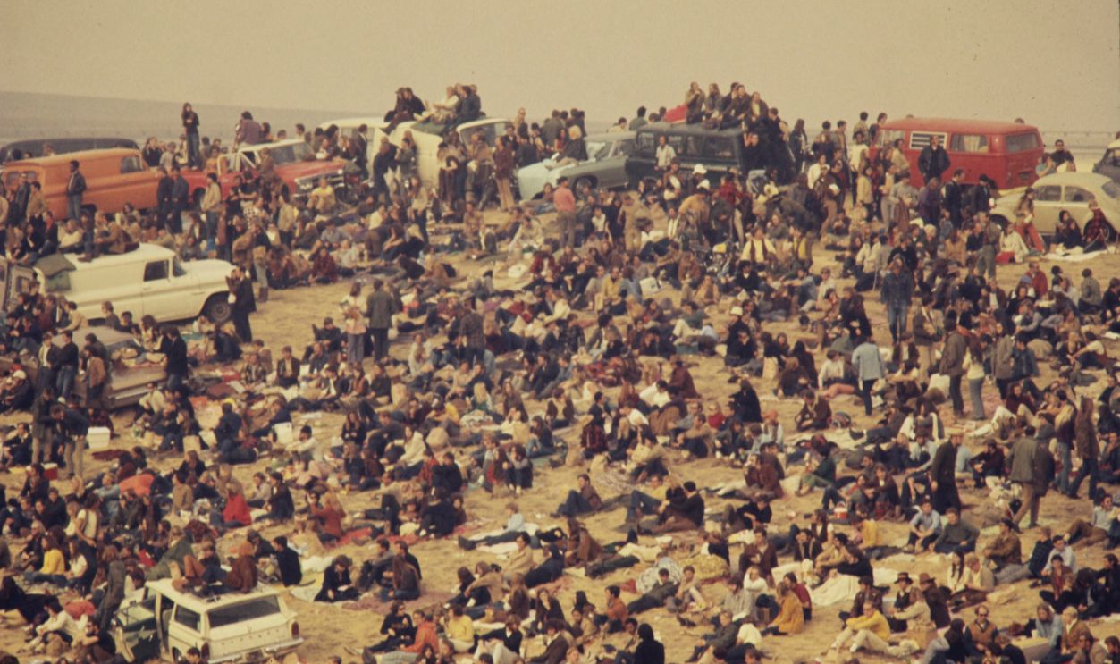 The audience covered the hillside at the Altamont Speedway for the free concert headlined by the Rolling Stones.