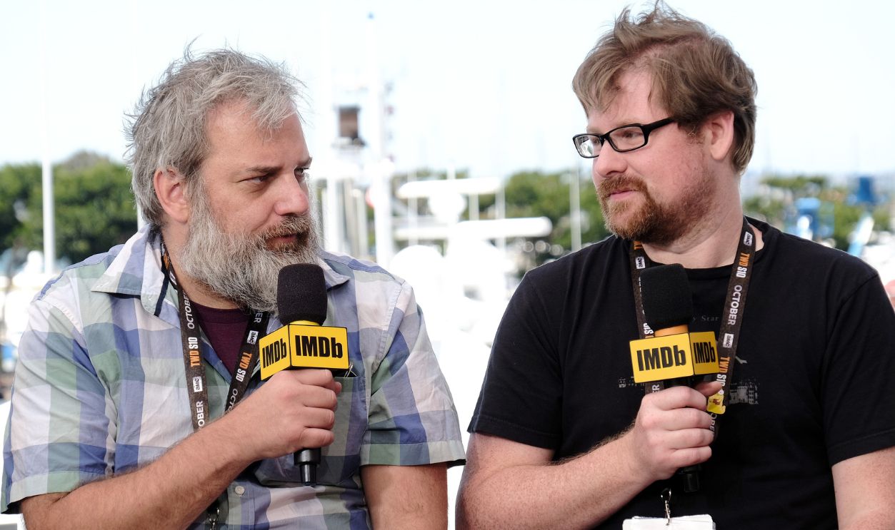 Dan Harmon and Justin Roiland speak onstage at the #IMDboat at San Diego Comic-Con 2019: Day Three at the IMDb Yacht on July 20, 2019 in San Diego, California.