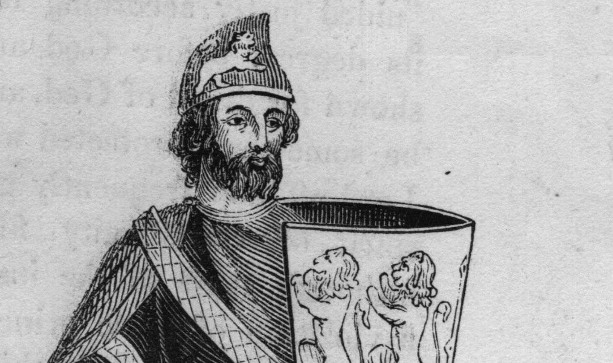 Circa 1145, Engraving of Geoffrey Plantagenet (1113 - 1151), Count of Anjour, who married Matilda of England, father of Henry II, wearing kingly armour, and carrying a sword and shield with lion rampant. 