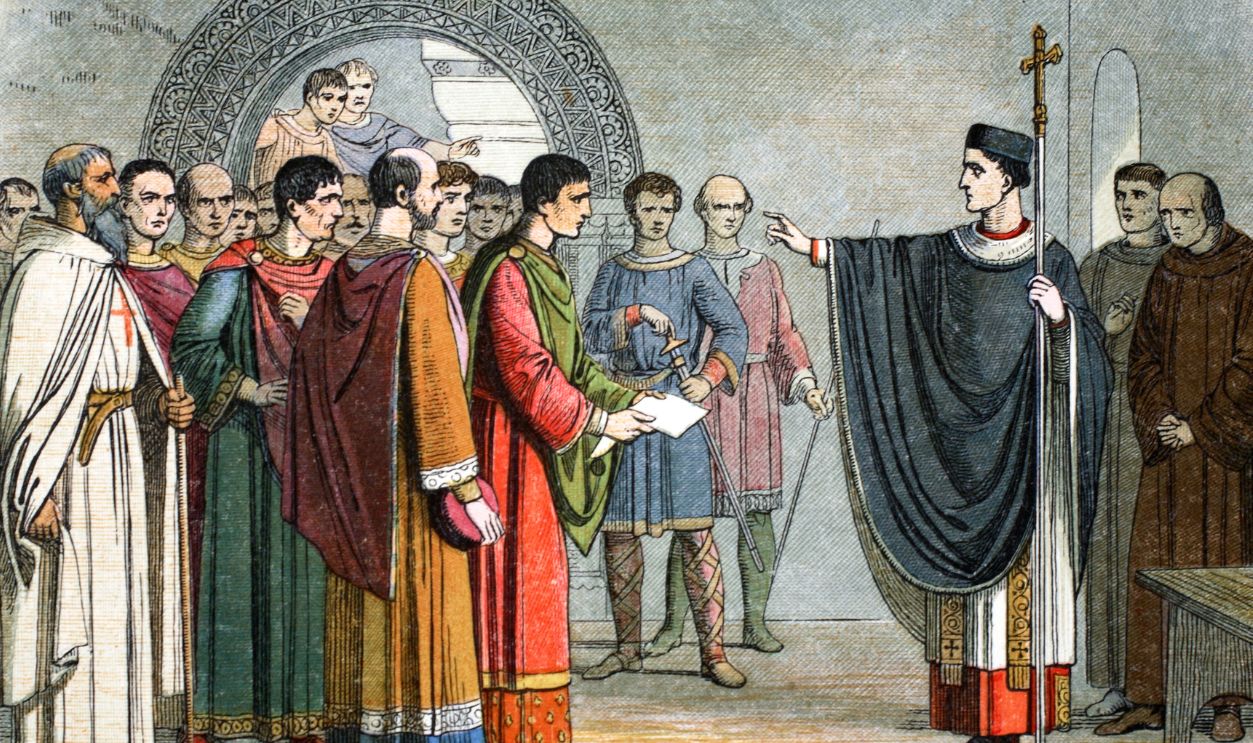 Thomas a Becket forbids the Earl of Leicester to pass sentence on him, 1162 (1864). Becket (1118-1170) became Archbishop of Canterbury in 1162. Robert de Beaumont, 2nd Earl of Leicester (1104-1168) was Justiciar of England from 1155 until 1168. Artist James William Edmund Doyle. 