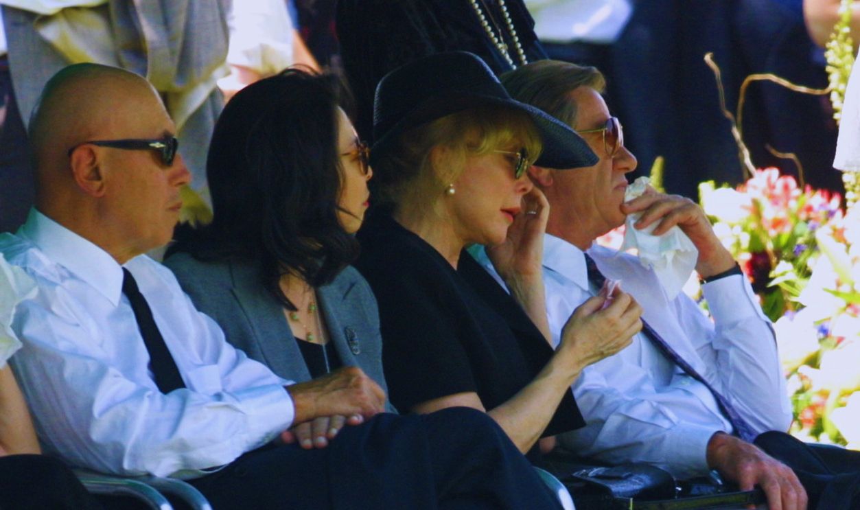 Gettyimages - 1329510, Barbara Eden at Son''s Funeral 391375 04: Actress Barbara Eden, 2nd right, wipes away tears during the funeral for her son Matthew Ansara July 2, 2001 in Hollywood, CA. Matthew Michael Ansara was found dead on the night of June 25, 2001 slumped over the steering wheel of a parked car in Monrovia, California. From left to right are Michael Ansara, Beverly Ansara, Eden, and her husband Jon Eicholtz. 