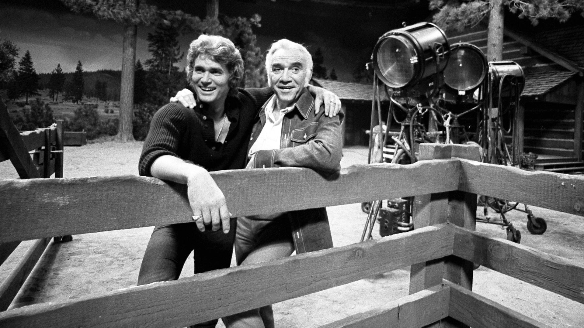 File:Michael Landon and Lorne Greene on the set of Bonanza.jpg