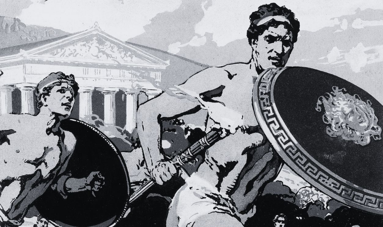 Gettyimages - 463897853, Ancient Olympic Games: the relay race, 1922. Ancient Olympic Games: the relay race, 1922. Competitors had to keep alight the flame and hand it to their fellows.This reconstruction shows a runner protecting the flame with his shield.