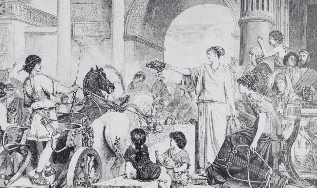 Gettyimages - 188004758, Ancient Greek Olympic Games Ancient Greek Olympic Games. The Winner Of The Chariot Race Is Saluted And Offered The Champion's Crown. After A Work By De Courten. From El Mundo Ilustrado, Published Barcelona, 1880.