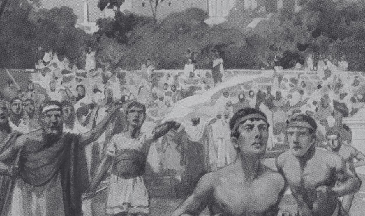 Gettyimages - 898044534, Olympic Games Ancient Olympic Games, the relay race. Runners had to keep alight the flame and hand it to their fellows.This reconstruction shows runner in a race.