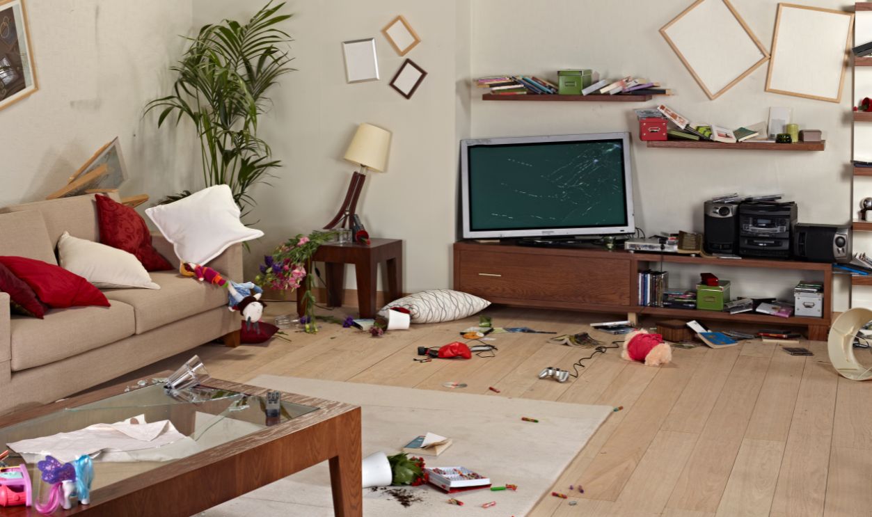 messy living room decoration with broken stuff