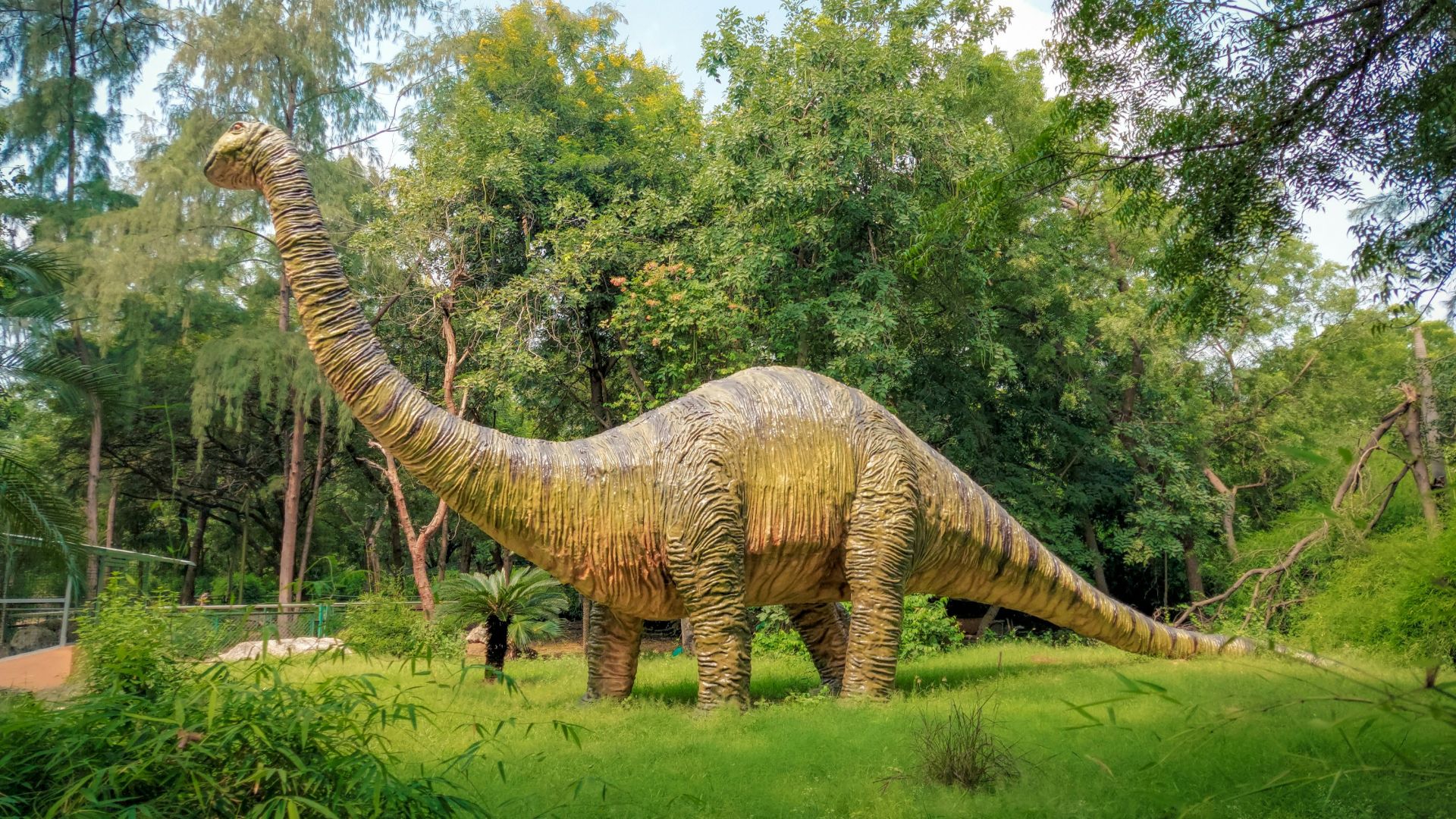a statue of a dinosaur in a grassy area