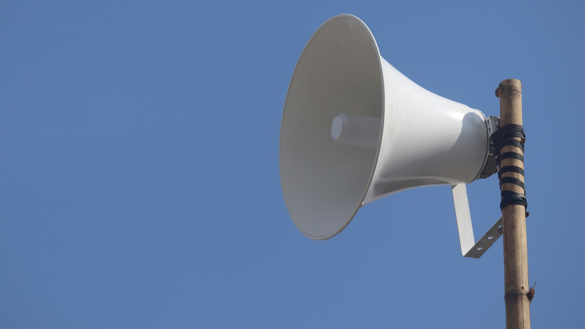 a white bullhorn on top of a wooden pole