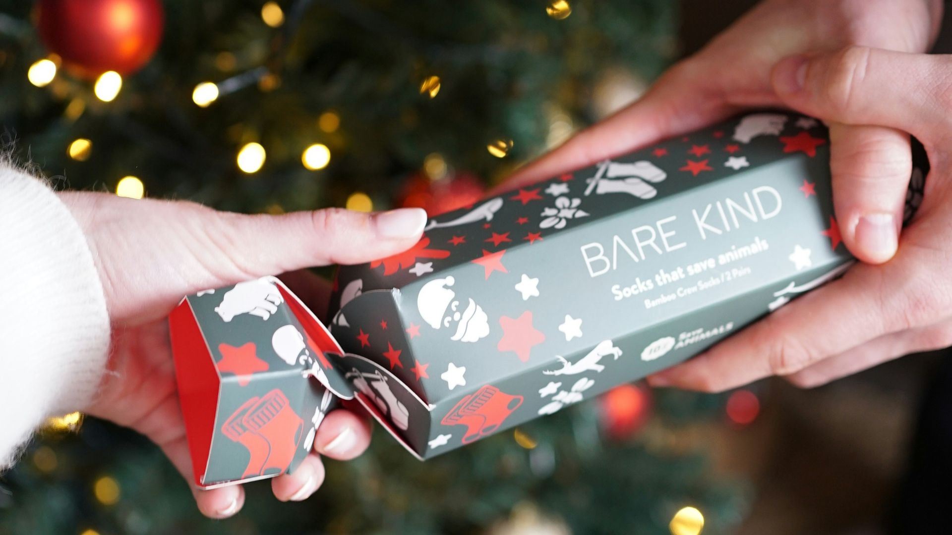 A person holding a christmas present in front of a christmas tree