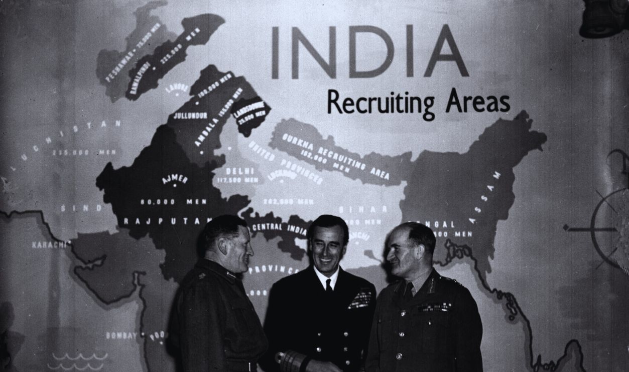 Gettyimages - 830511468, 'MARTIAL INDIA' EXHIBITION : 1946 'MARTIAL INDIA' EXHIBITION 1946: (l-r) Field Marshal Sir Claude Auchinleck, Admiral Lord Louis Mountbatten and Lt. General Sir William Slim, photographed before a map at India House showing Second World War recruitment in India during the opening ceremony of the exhibition.