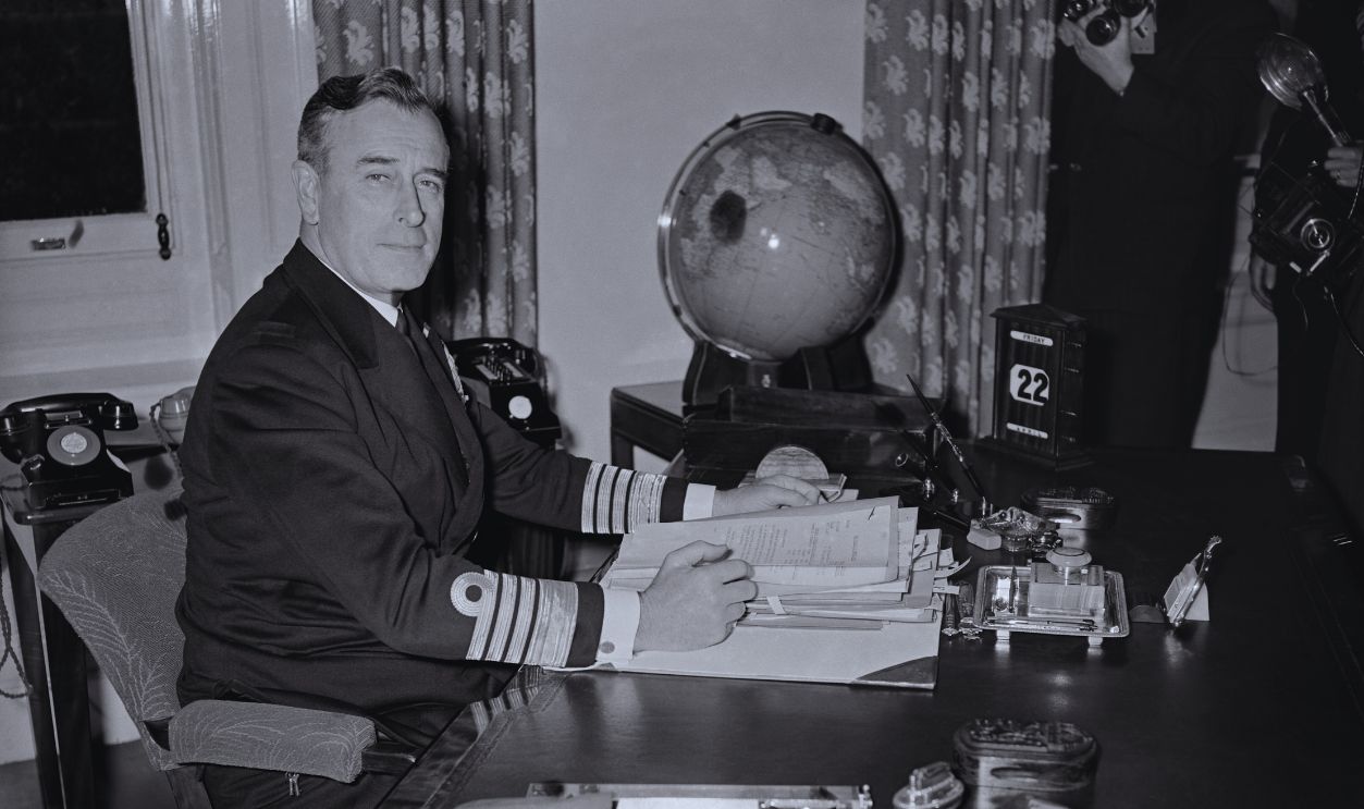 Gettyimages - 2117158330, Louis Mountbatten, 1955 First Sea Lord and Chief of the Naval Staff, Admiral Louis Mountbatten, Earl Mountbatten of Burma (1900-1979) sitting at his desk in the Admiralty, London, April 22nd 1955. 
