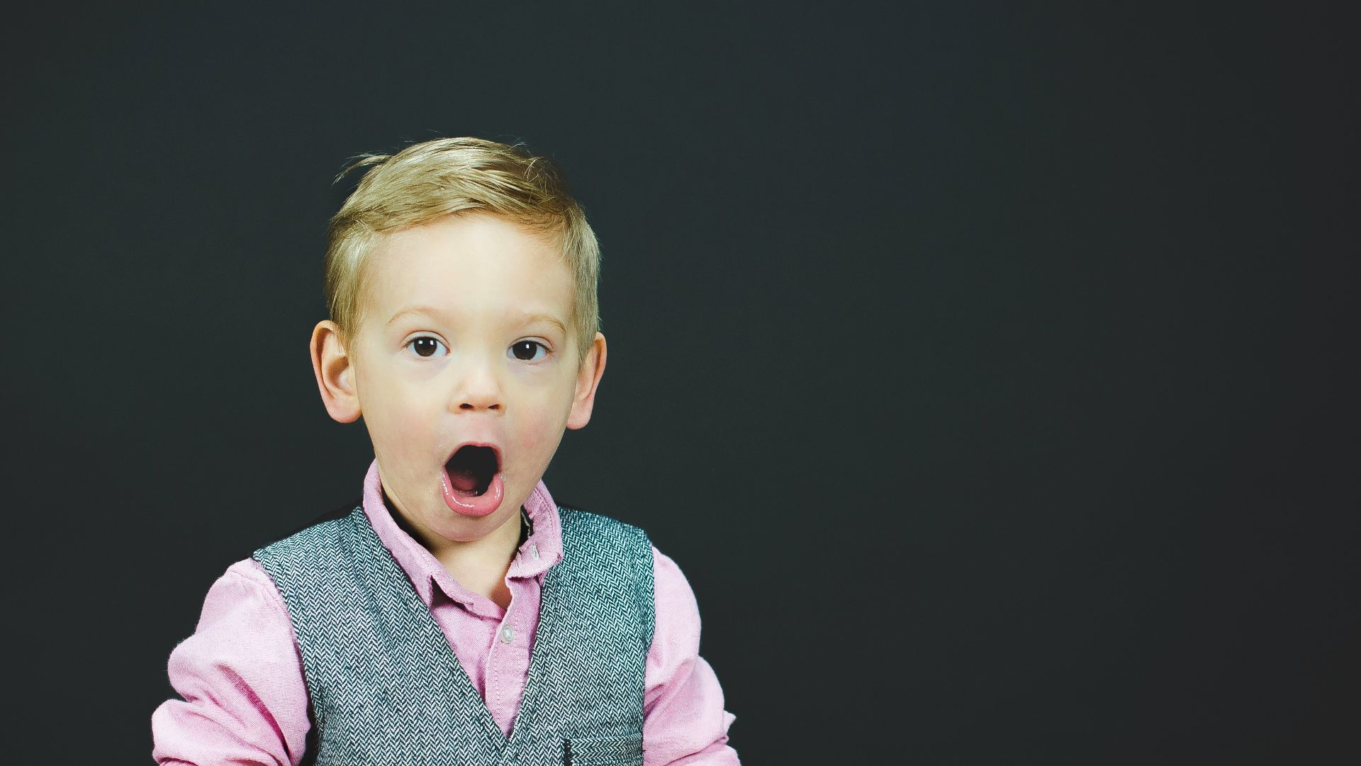boy wearing gray vest and pink dress shirt holding book