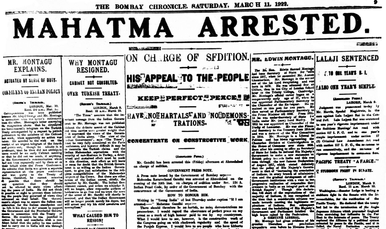 The front page of The Bombay Chronicle of 11th March 1922, reporting the previous day's arrest of Indian lawyer, activist and statesman Mohandas Karamchand Gandhi (1869 - 1948) for sedition. The arrest followed a protest march in Chauri Chaura, part of a campaign of civil disobedience against the British colonial government, which ended in violence. 