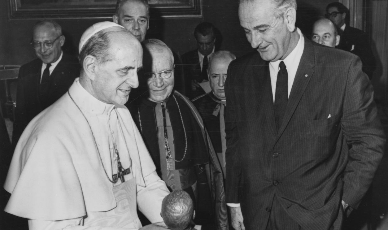Pope Paul VI (left) talking to US President Lyndon B Johnson during a special audience at the Vatican City, Rome, December 23rd 1967.