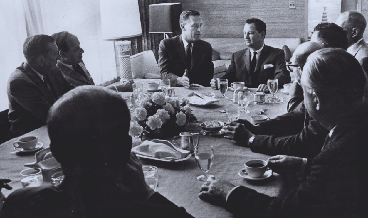 Gettyimages - 162033657, APR 11 1966, APR 12 1966; Hilton, Governor Confer in Denver Visit; Gov. John Love (center) and Barro APR 11 1966, APR 12 1966; Hilton, Governor Confer in Denver Visit; Gov. John Love (center) and Barron Hilton (right, top), new president of the Hilton Hotel Corp., discuss San Diego's successful drive for a municipally financed stadium Monday in a meeting at the Denver Hilton Hotel. Hilton is owner of the San Diego Chargers of the American football League.
