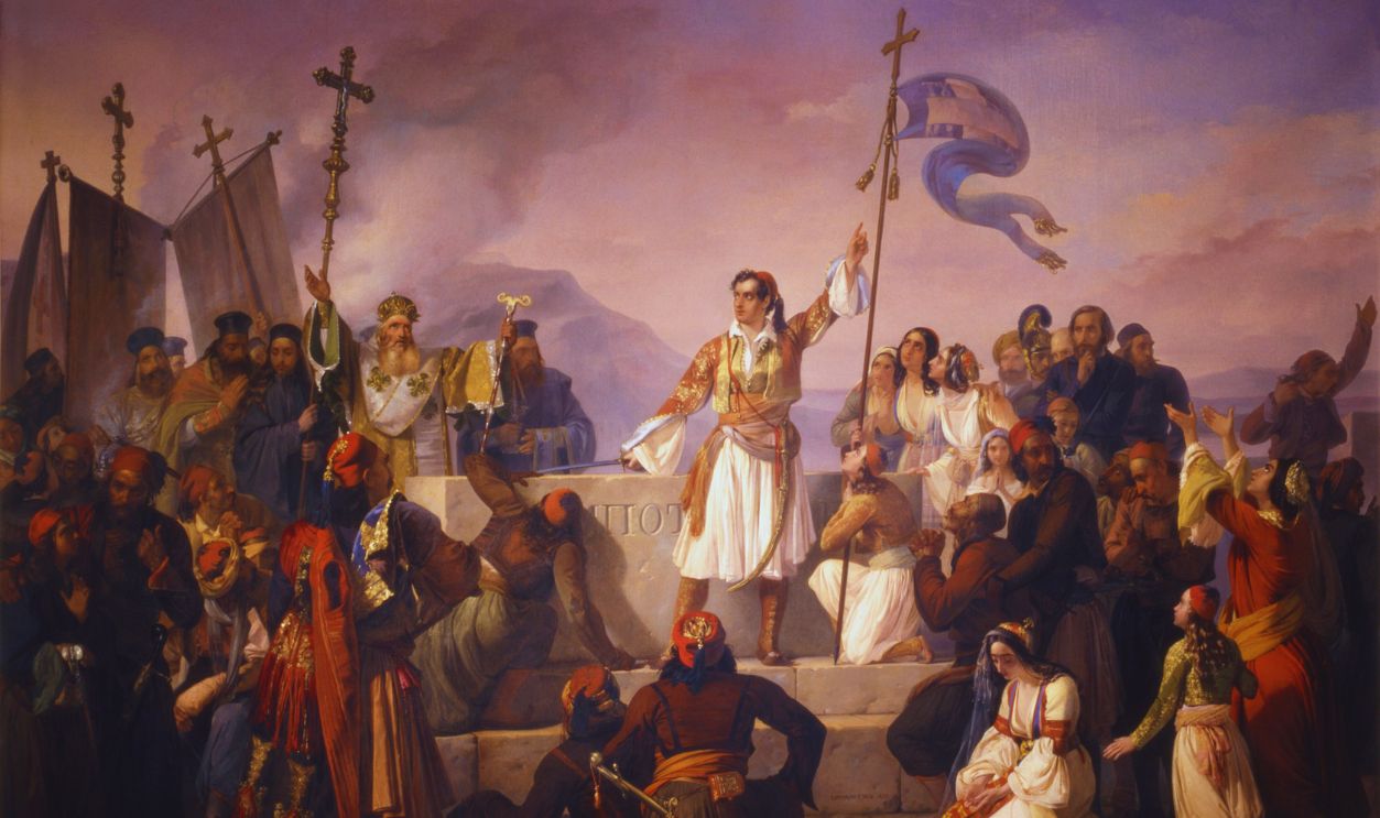 Gettyimages - 461641733, Lord Byron's Oath on the Grave of Marco Botzaris, by Ludovico Lipparini, 1850, 19th Century, oil on canvas Lord Byron's Oath on the Grave of Marco Botzaris, by Ludovico Lipparini, 1850, 19th Century, oil on canvas. Italy, Veneto, Treviso, Civic Museum. Whole artwork view. Episode from the siege of Missolonghi. 