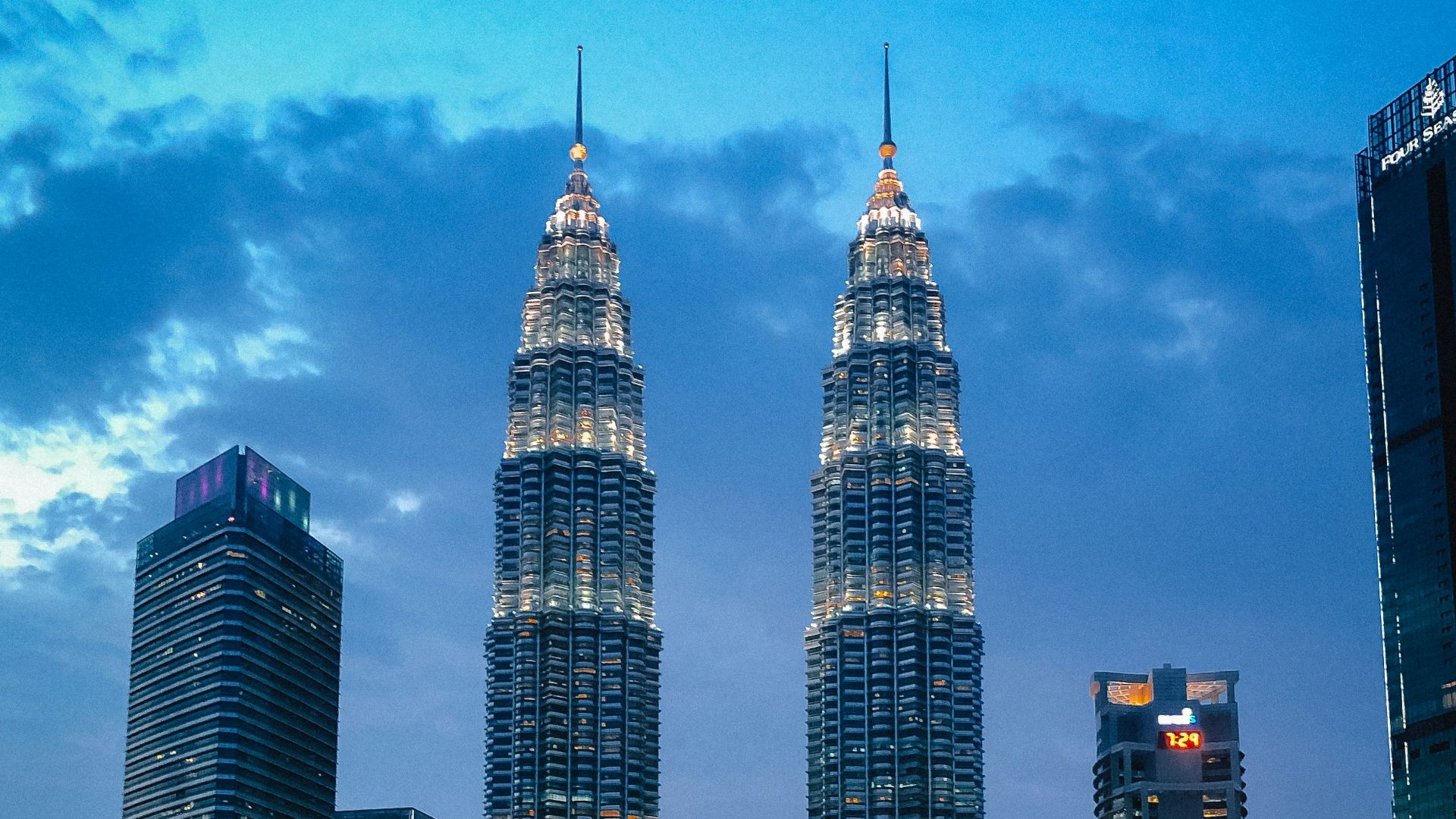 city skyline during night time