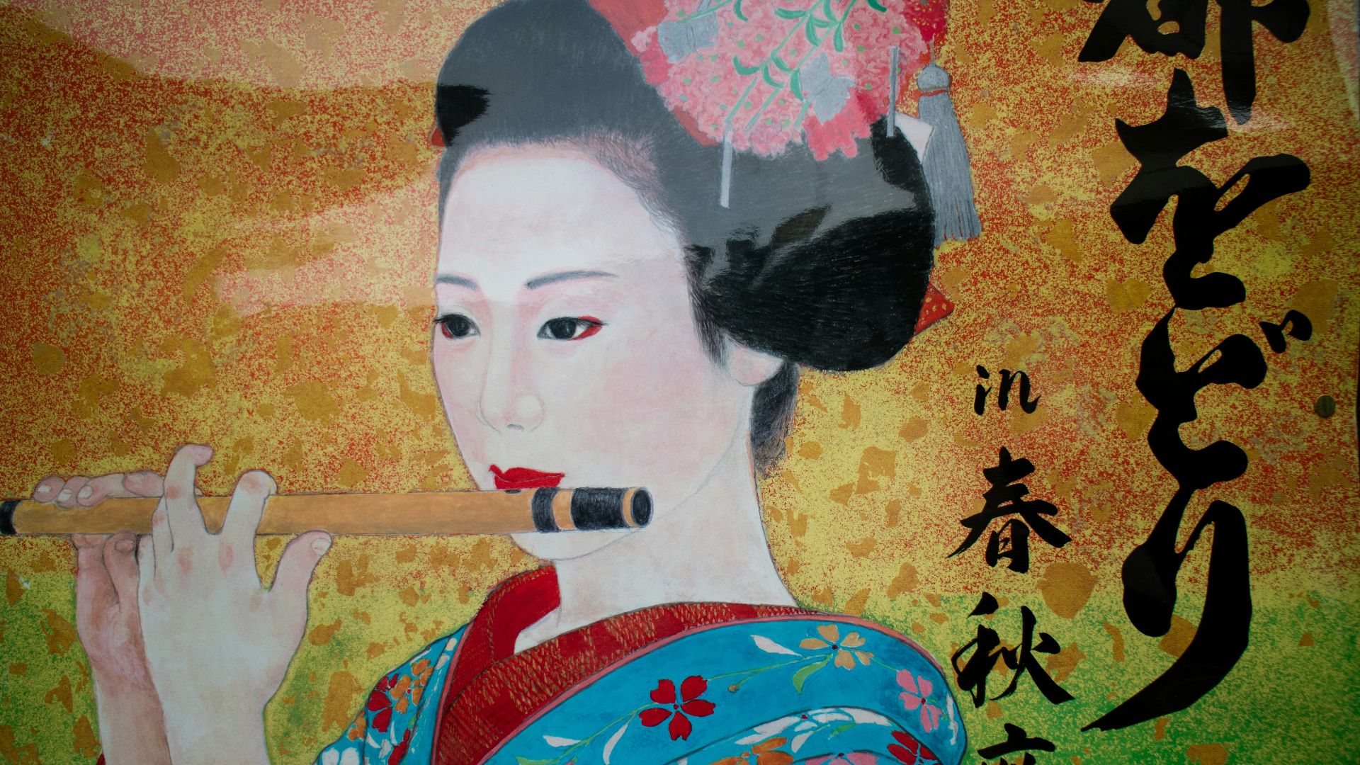 woman in red and blue floral dress painting