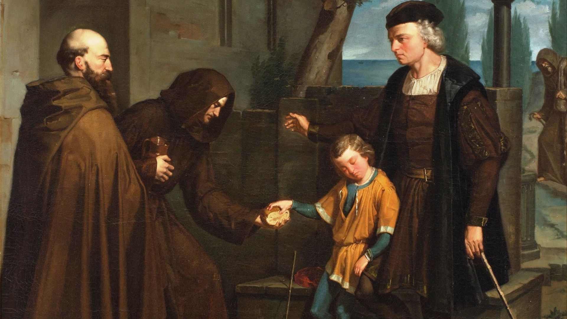 File:Christopher Columbus at the gates of the monastery of Santa Maria de la Rabida with his son Diego.jpg