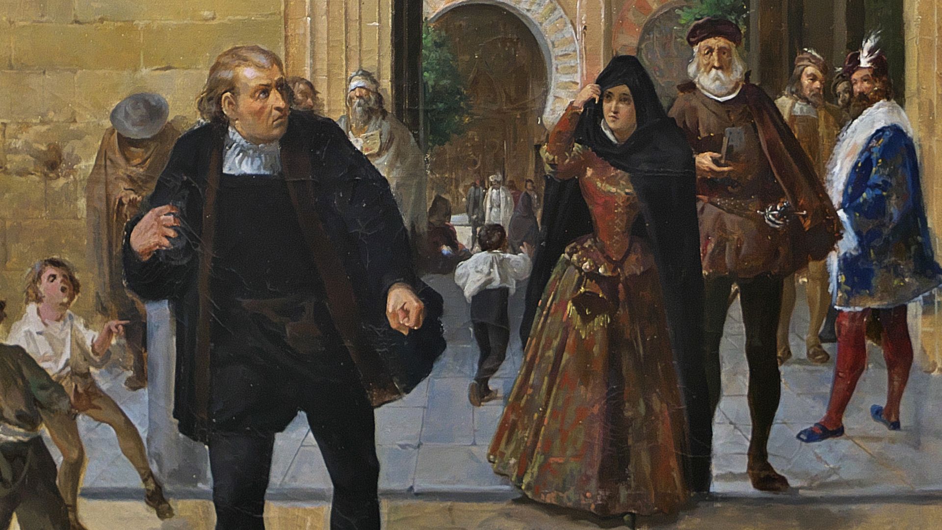 File:Colón saliendo de la Mezquita, Rafael Romero de Torres.jpg