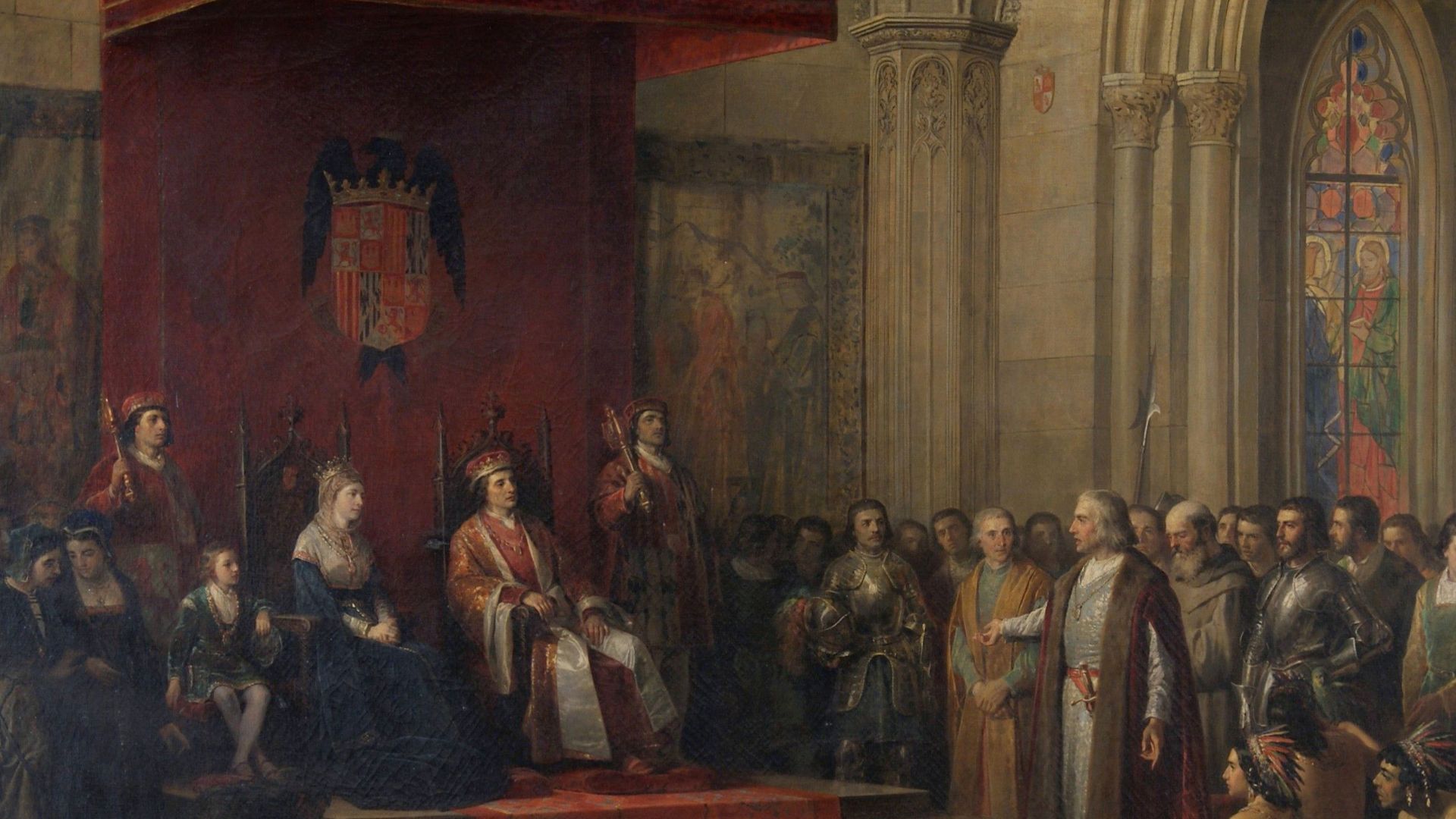 File:Christopher Columbus before Spanish Monarchs return from First Voyage by Ricardo Balaca 1874.png