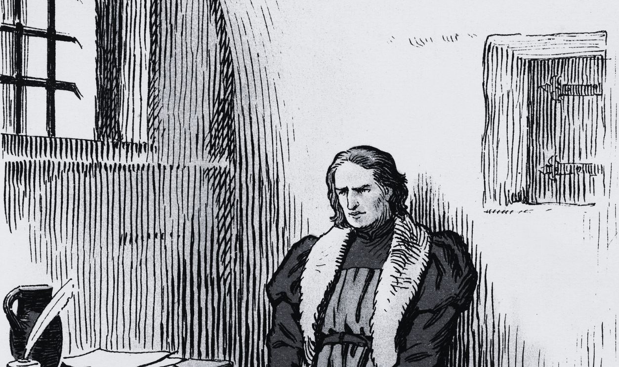 Gettyimages - 89867029, Christopher Colombus in jail, Spain, illustration by JL Beuzon 1933 UNSPECIFIED - FEBRUARY 18: Christopher Colombus in jail, Spain, illustration by JL Beuzon 1933