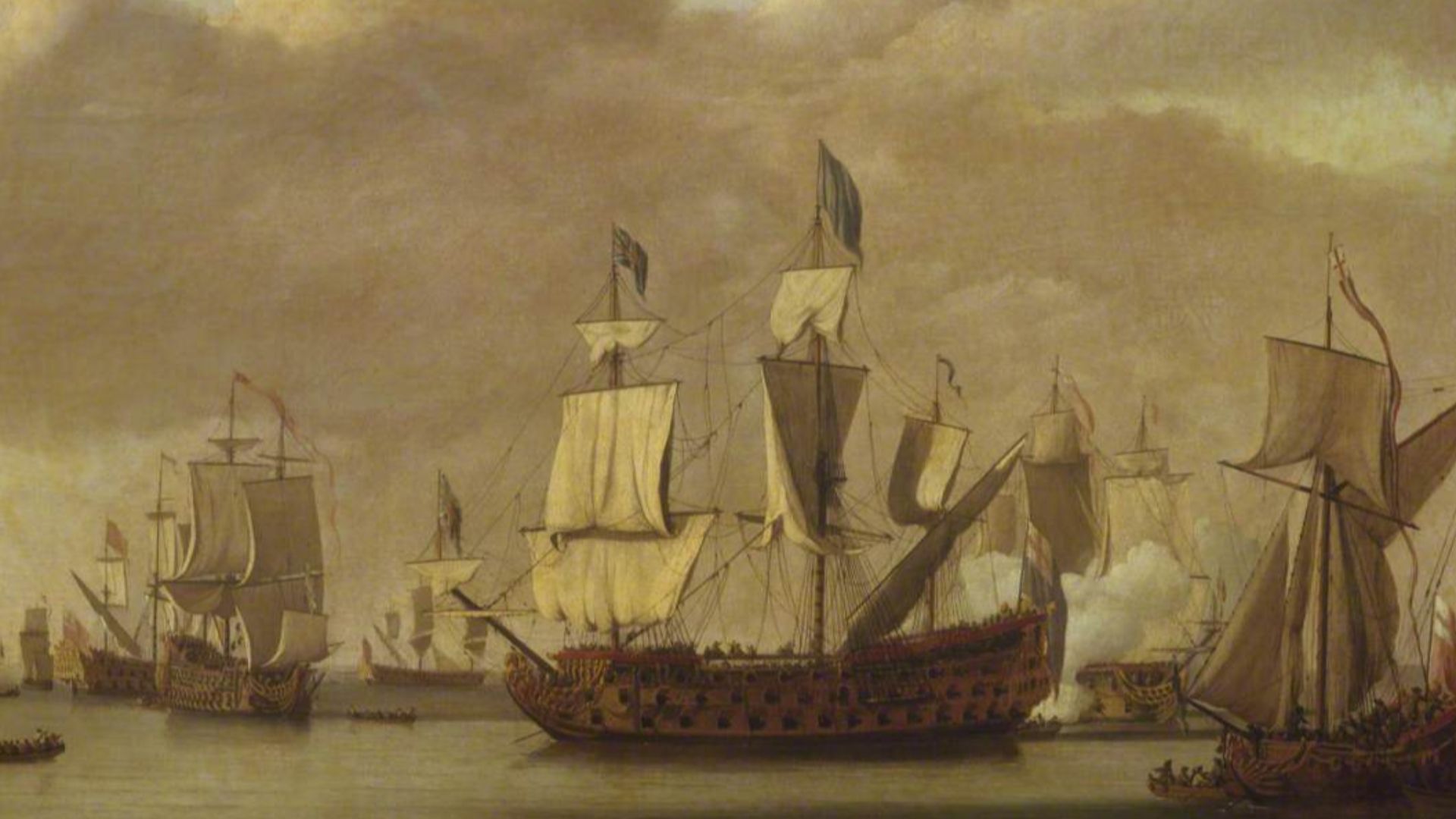 File:Willem van de Velde I (1611-1693) - Calm, HMS ‘Royal James’, a Royal Yacht and Other Shipping - BHC3608 - Royal Museums Greenwich.jpg