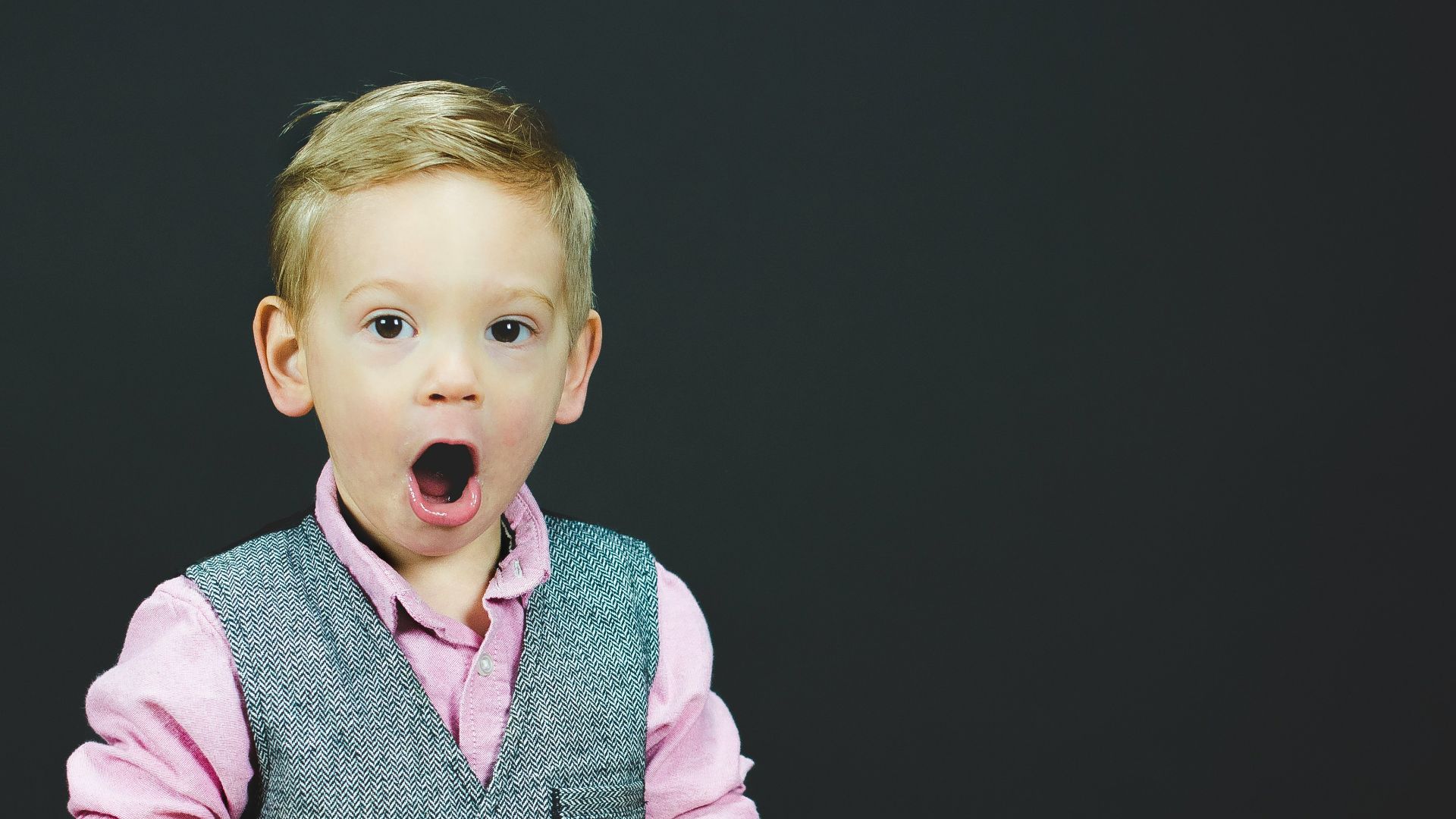boy wearing gray vest and pink dress shirt holding book