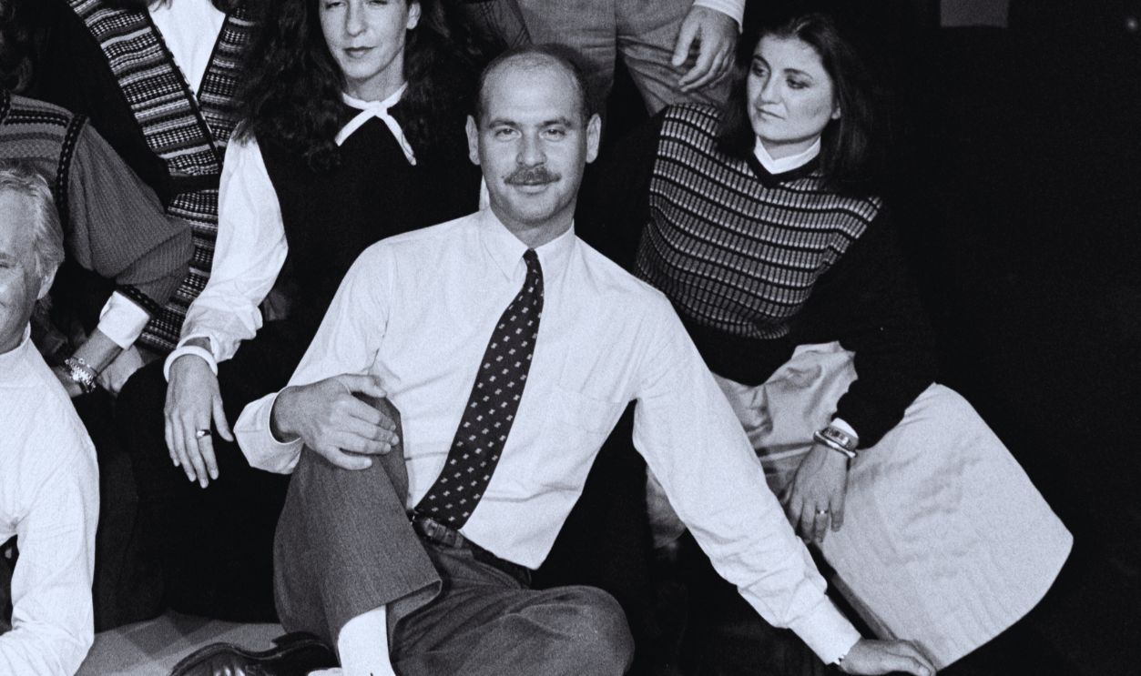 Gettyimages - 1430127736, Portraits of Giorgio Armani and Staff Designer Giorgio Armani, Silvana Armani, Sergio Galeotti, and guests pose for group photo. Some of the staff members wear selections from Armani's ready to wear collection.