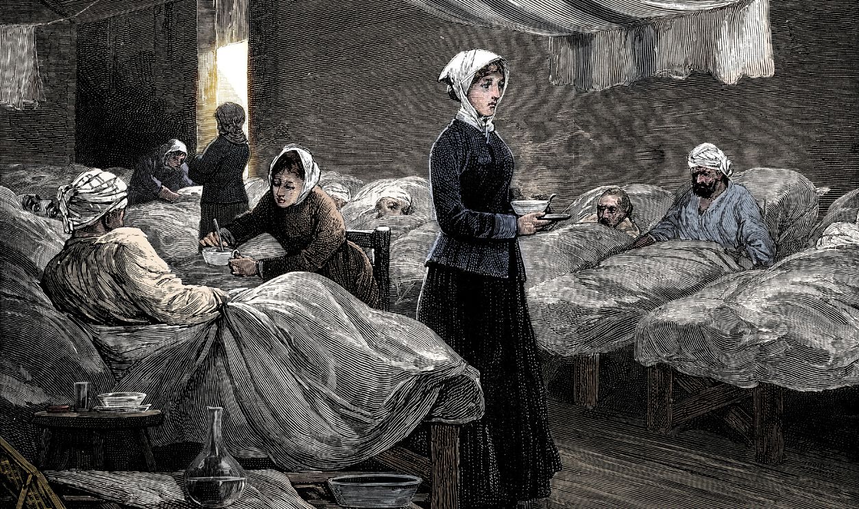 Florence Nightingale in the barrack hospital at Scutari, c1880. Engraving made c1880 showing the barrack hospital during the 1850s. In 1854, during the Crimean War (1853-1856), Sidney Herbert, Secretary of State for War, appointed the English nurse Florence Nightingale (1820-1910), a family friend, to introduce female nurses into the British military hospitals in the Crimea. Until the end of the war she worked tirelessly to improve conditions