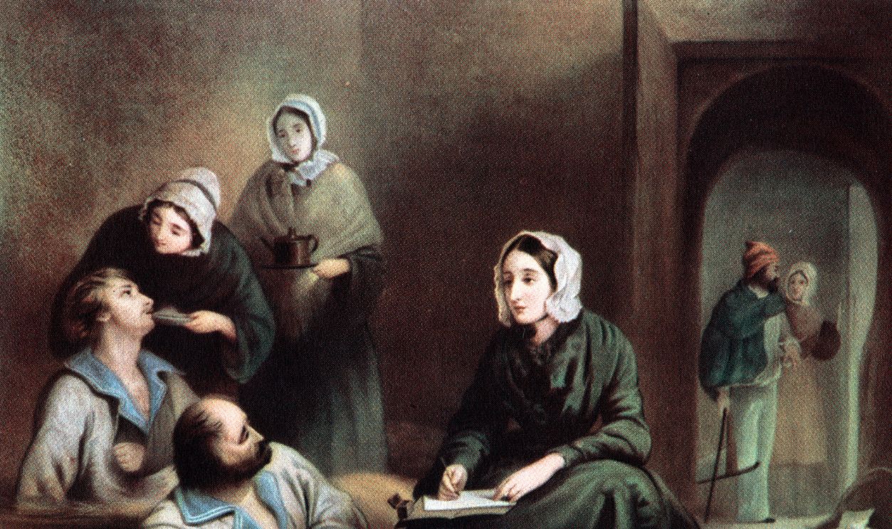 Florence Nightingale, British nurse and hospital reformer, at Scutari Hospital, Turkey, writing letters for wounded soldiers of the Crimean War, 1855. Named after the place of her birth in Italy, Florence Nightingale (1820-1910) devoted her life to the sick and suffering. She volunteered for duty in the Crimean War (1854-1856), and whilst at the hospital barracks at Scutari, she drastically reduced the mortality rate by imposing a strict discipline and high standards of sanitation. In 1859, she wrote 'Notes on Nursing', and in 1861 she founded the St Thomas's School of Nursing in London. After Barraud. 