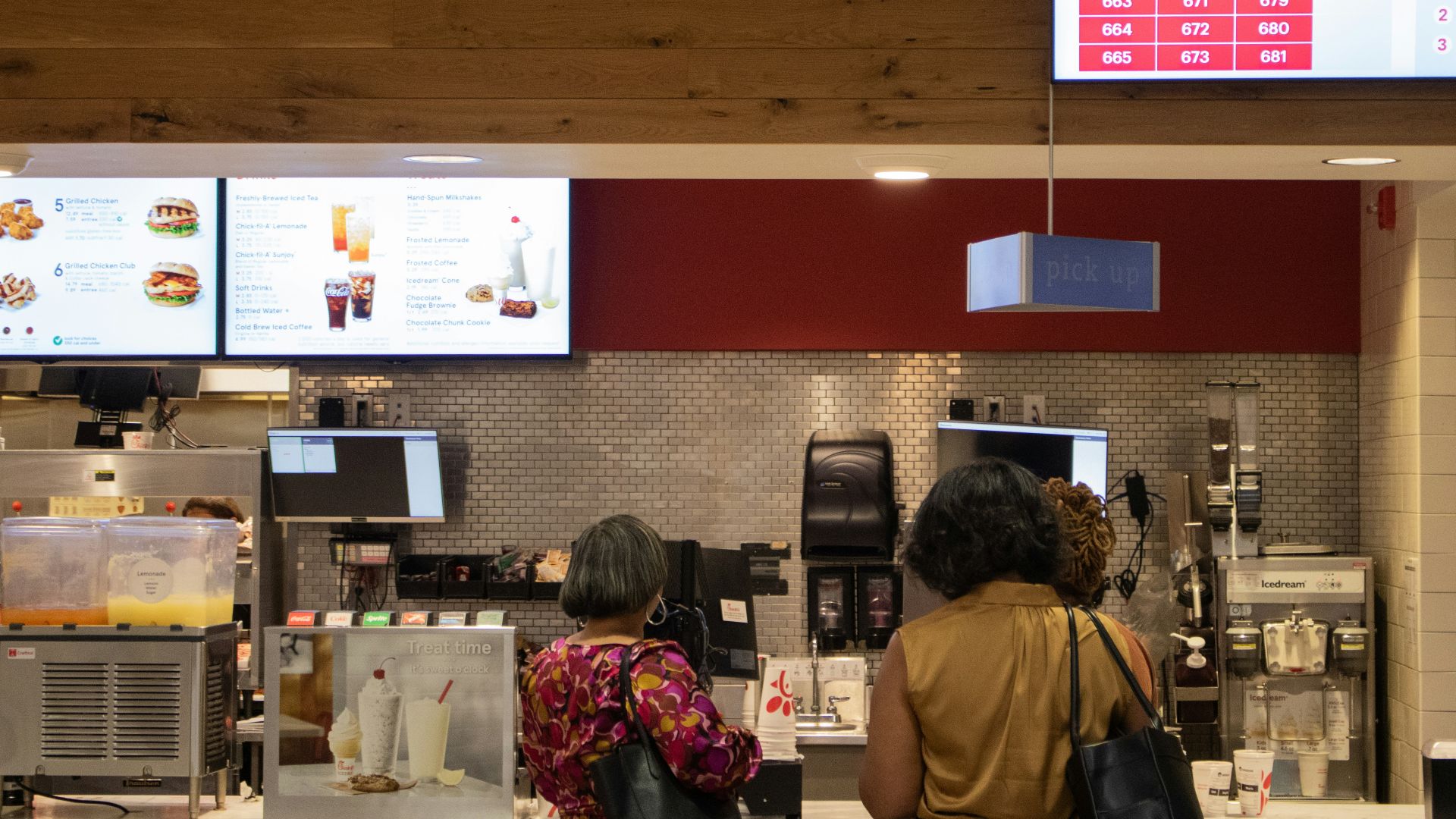 a couple of women standing in front of a counter
