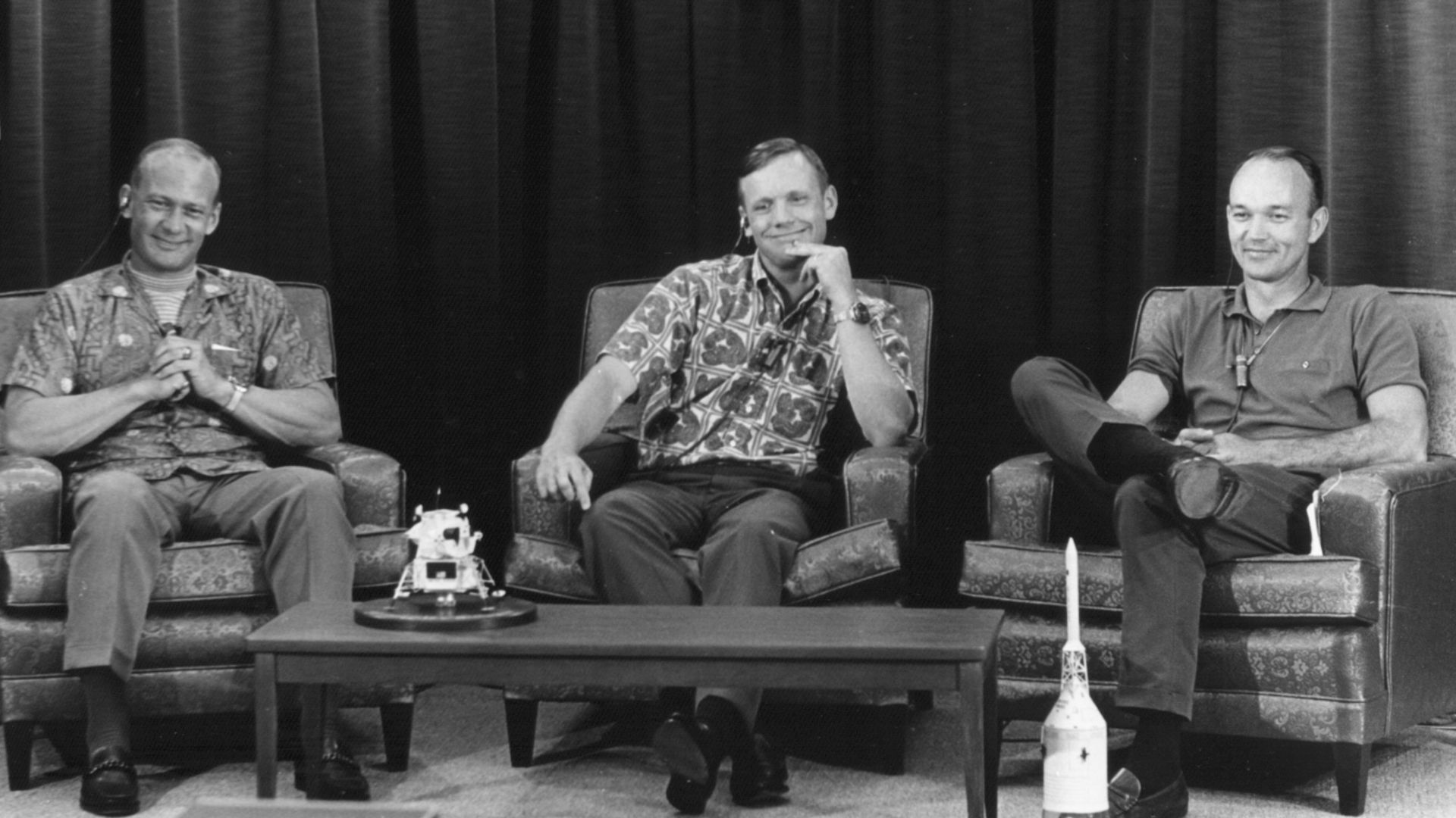 File:Buzz Aldrin, Neil Armstrong, and Michael Collins during the last pre-flight press conference.jpg
