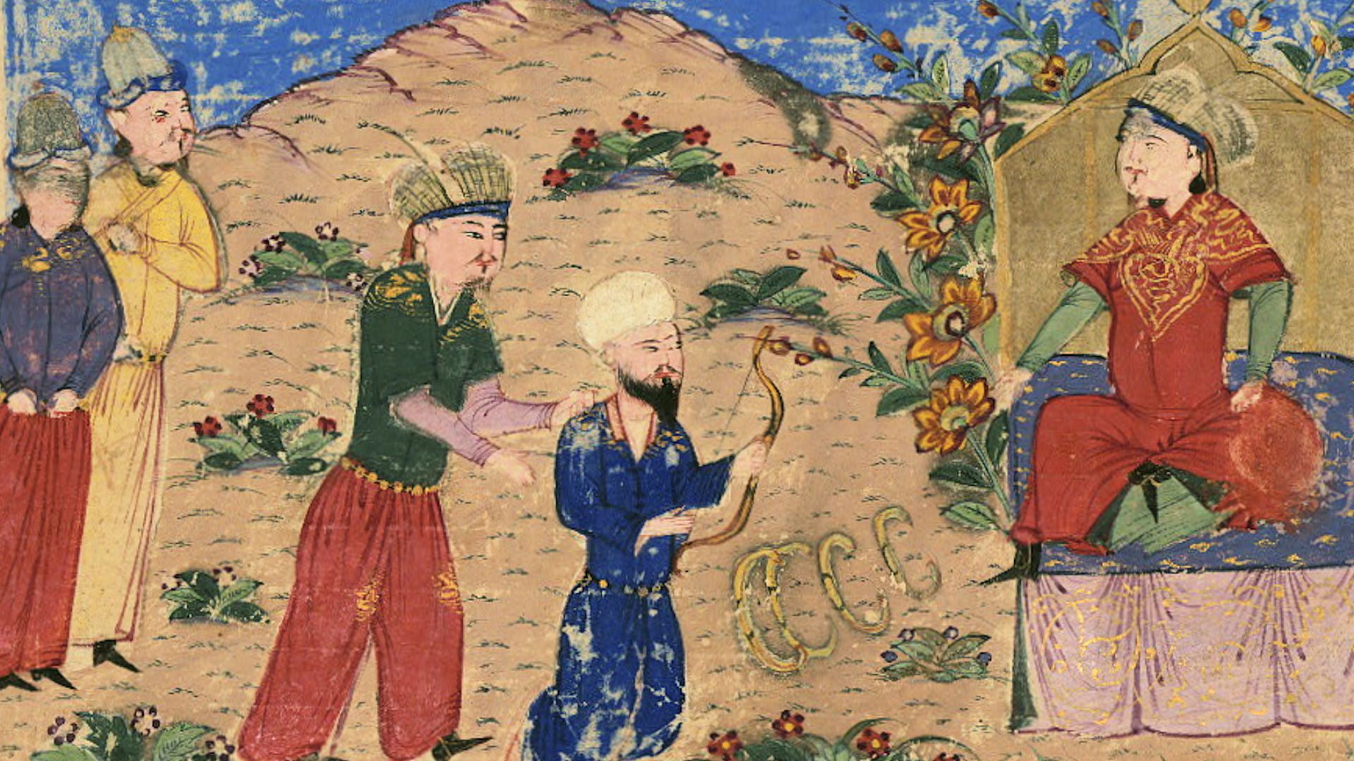 File:Ughūz Khān receives a messenger from Damascus with a load of bows W676, Majma' al-tawarikh (circa 1425) Miniature.jpg