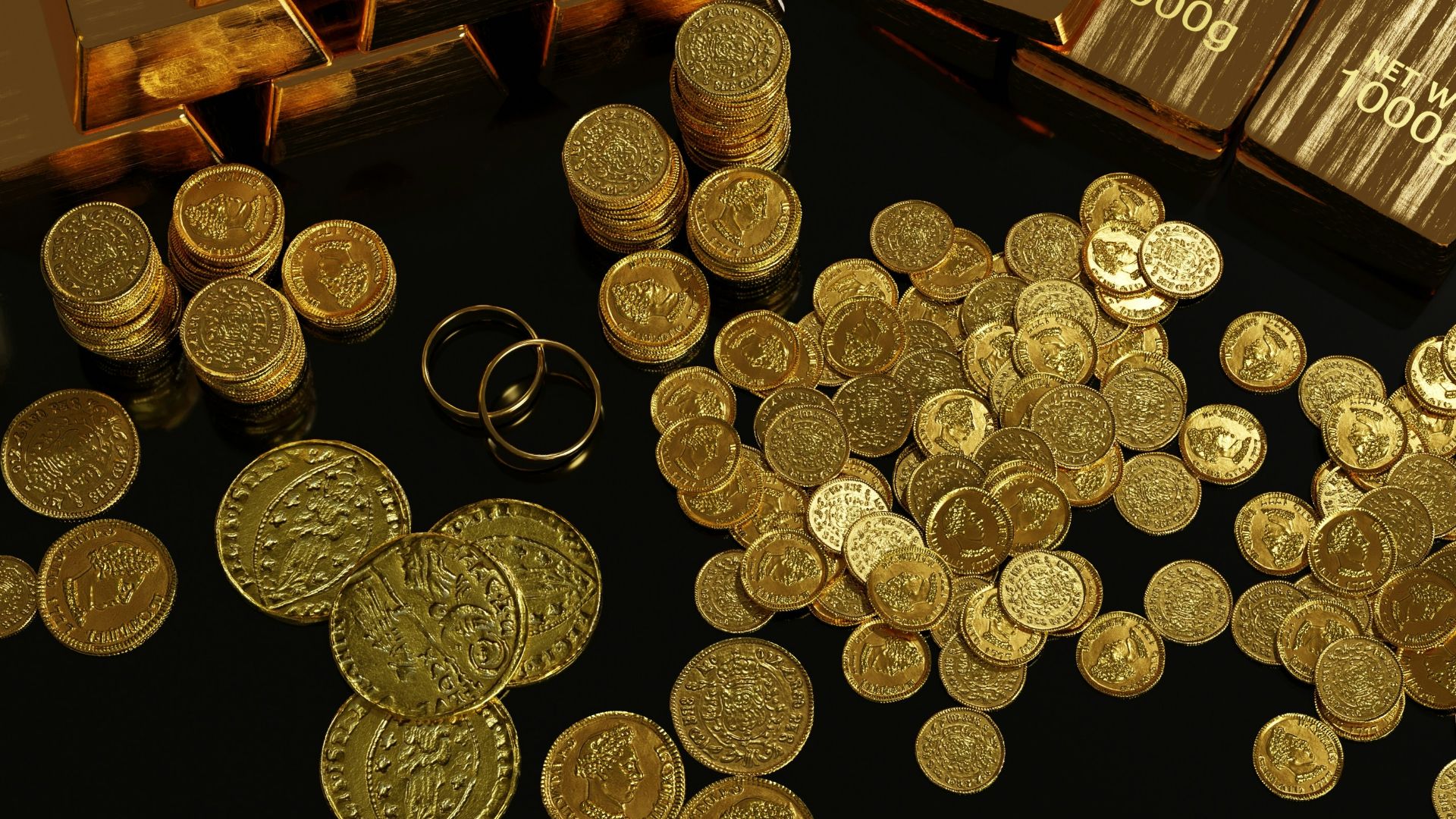 a table topped with lots of gold coins