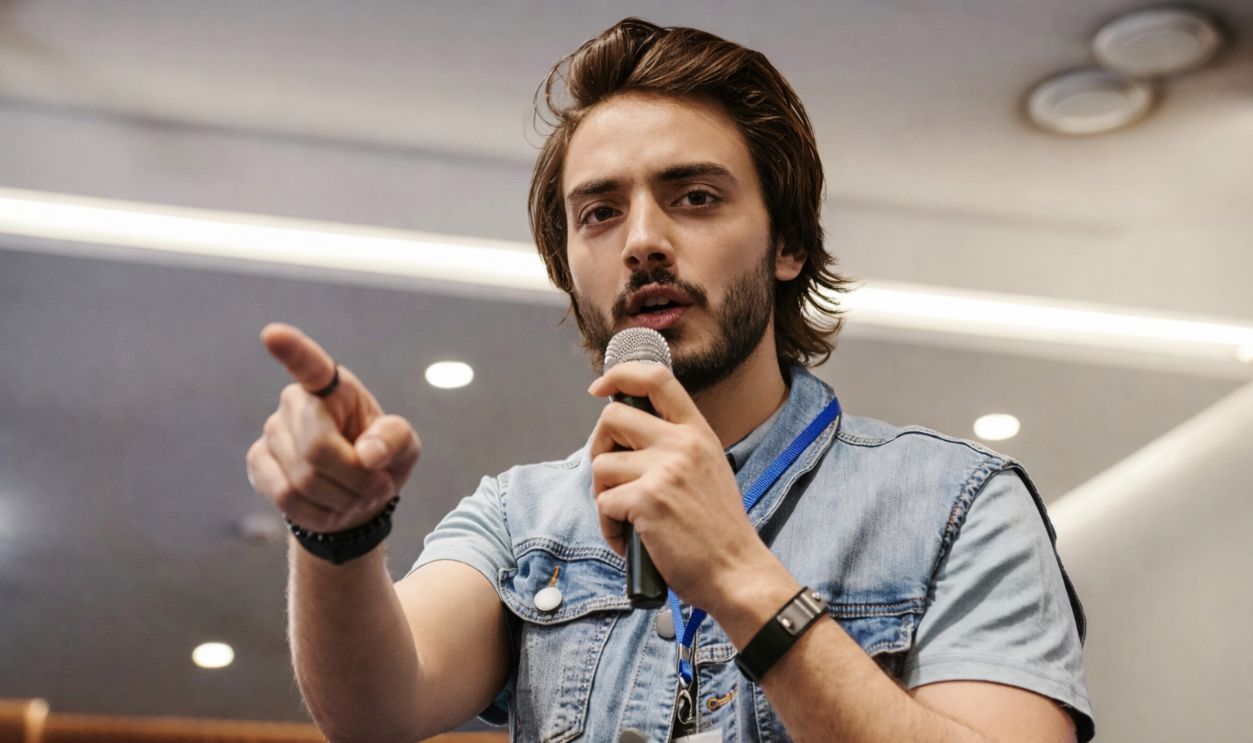 Young man talking with a microphone