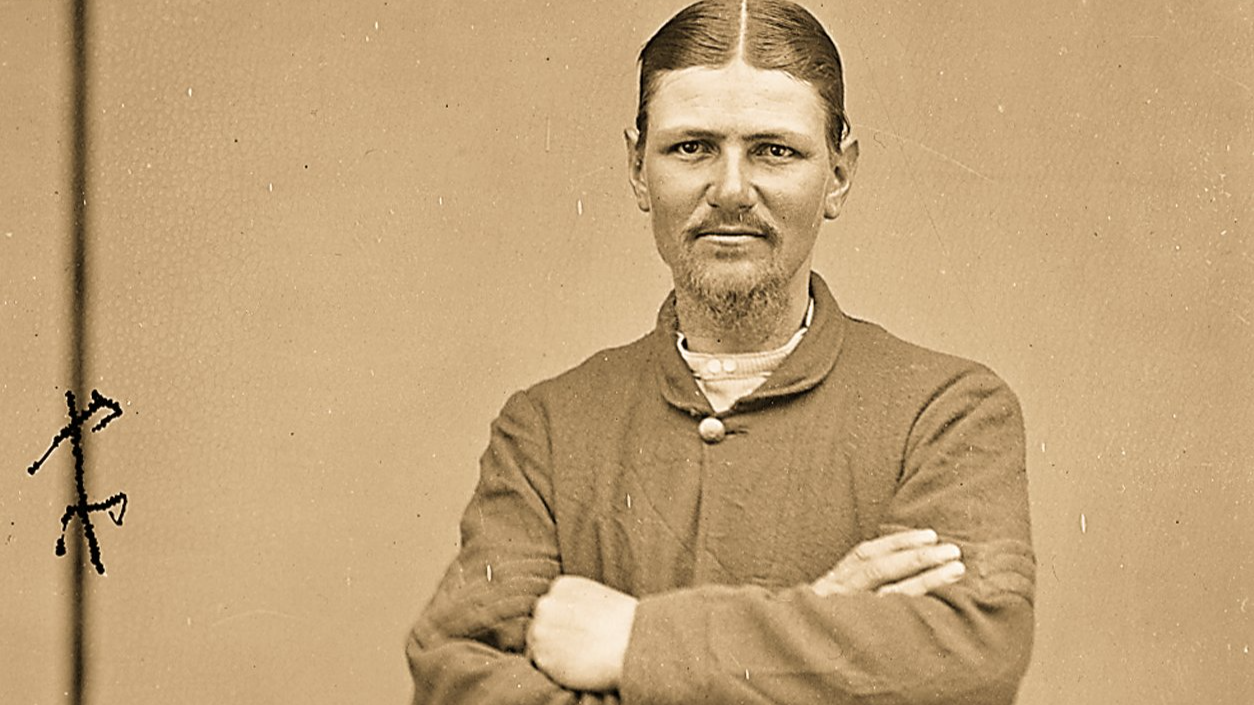 Sergt. Boston Corbett portrait with crossed arms between circa 1860 and circa 1865