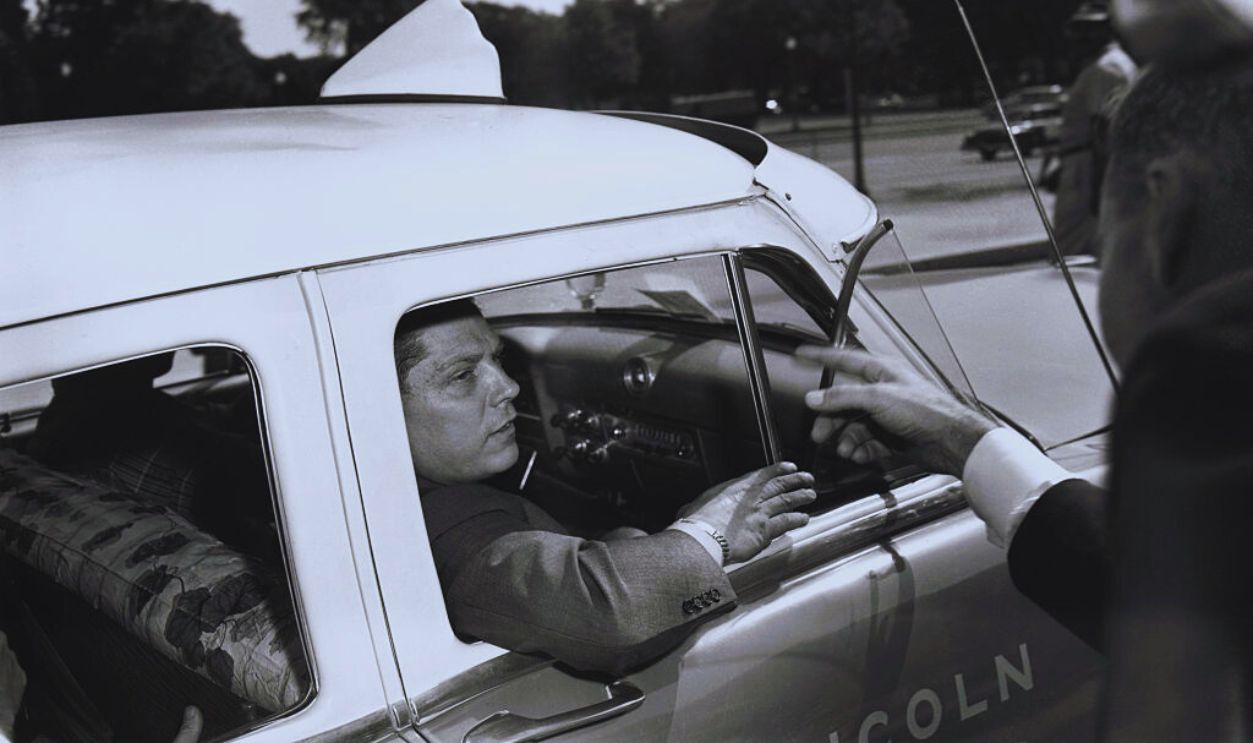 Gettyimages - 514975532, Union Leader Jimmy Hoffa Speaking to Reporter from Car