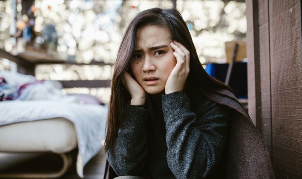 A Distressed Woman Holding her Head