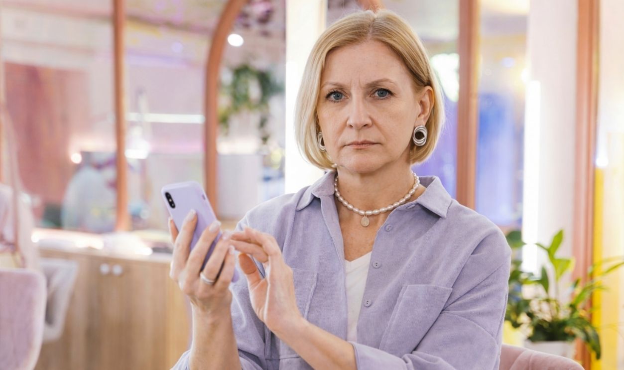 Adult woman in a purple blouse holding an iphone 