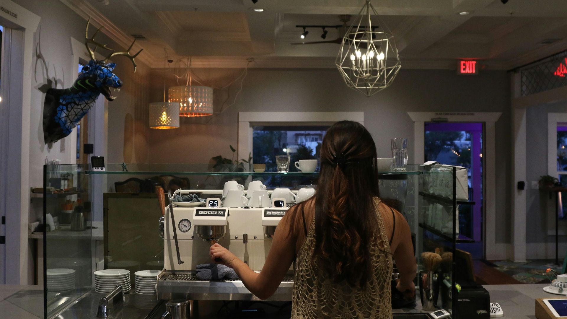 woman in black and white leopard print dress standing in front of kitchen sink