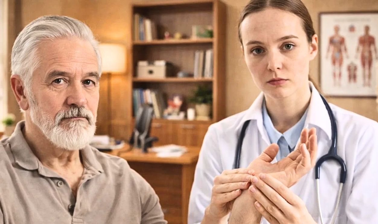 Arthritis symptoms. Doctor examining patient's hand in hospital