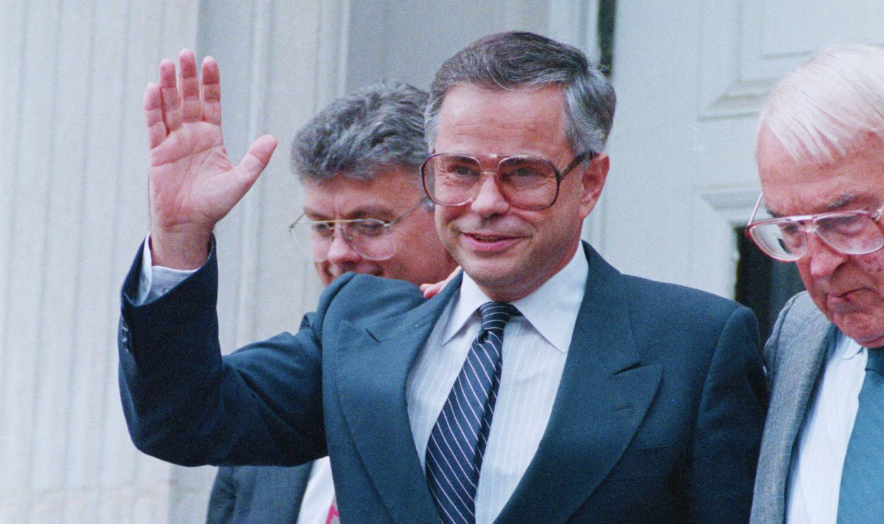 Gettyimages - 	515299132, Ptl Head Jim Bakker Waves Leaving Court (Original Caption) 9/6/1989-Charlotte, North Carolina- A smiling Jim Bakker waves to supporters as he leaves Federal Court. Bakker's fraud and conspiracy trial resumed after the judge ruled earlier that the PTL founder was competent to stand trial. Bakker returned to Charlotte from Butner, NC, where he had undergone a psychiatric evaluation.